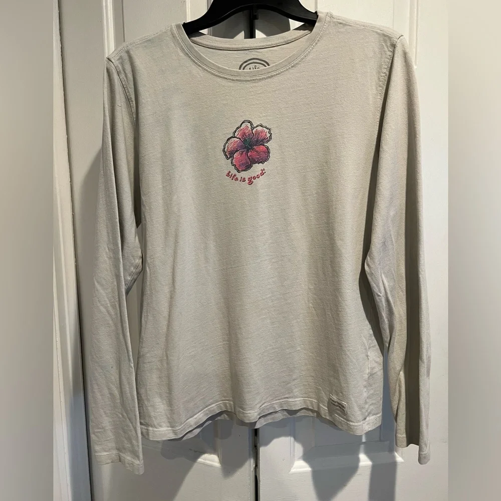 LIFE IS GOOD 🌺Relaxed Fit, Long Sleeve, Taupe , Crewneck Shirt, Pink 🌺Hibiacus - Picture 2 of 7